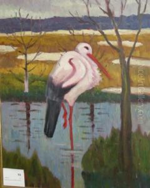 Olja, Stork, 54x55 Oil Painting by Ernst Norlind