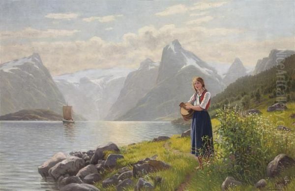 A Young Beauty By A Fjord Oil Painting by Emma Pastor Normann