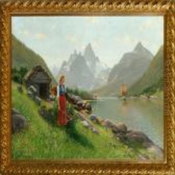 A Norwegian Landscape With A Girl Overlooking The Inlet Oil Painting by Emma Pastor Normann