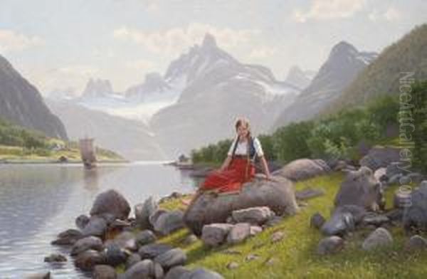 A Beauty On The Banks Of A Norwegian Fjord Oil Painting by Emma Pastor Normann