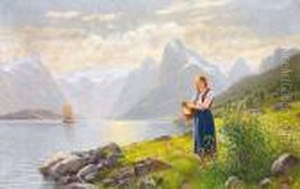 Sonnige Fjordlandschaft; Am Ufer Junge Sennerin Oil Painting by Emma Pastor Normann