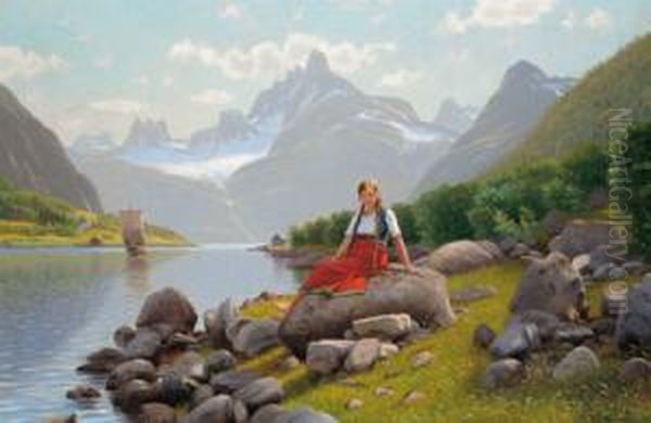 Madchen In Fjordlandschaft Oil Painting by Emma Pastor Normann