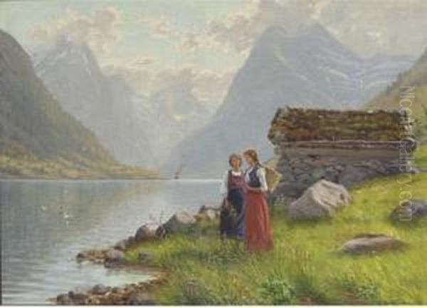 Flower Pickers At A Norwegian Fjord Oil Painting by Emma Pastor Normann