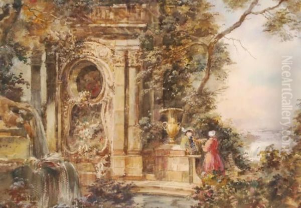 Figures By Classical Temple Ruins Oil Painting by John William North