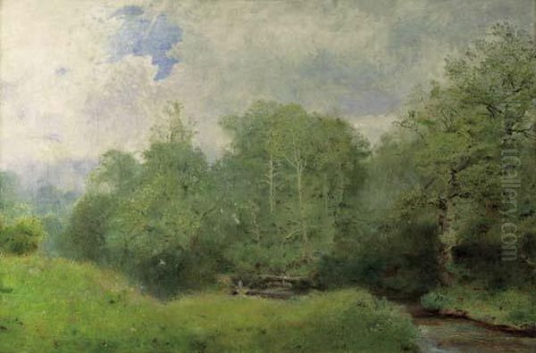 A Wooded River Valley With Bathers By A Fallen Tree Oil Painting by John William North