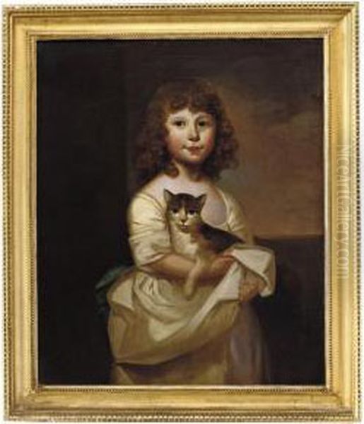 Portrait Of A Young Girl, 
Standing Three-quarter-length, In A Whitegown, Holding A Cat, A 
Landscape Beyond Oil Painting by James Northcote