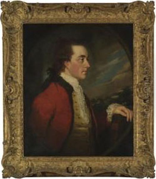 Portrait Of Admiral Charles 
Hamilton, Half-length, In A Red Coat With Fur Trim, Holding A Book By 
Milton, A Landscape Beyond, In A Feigned Oval Oil Painting by James Northcote