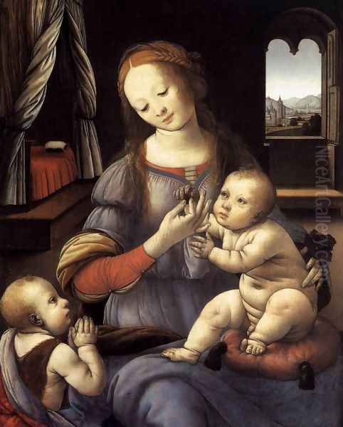 Madonna with the Christ Child and St John the Baptist Oil Painting by Lorenzo Di Credi