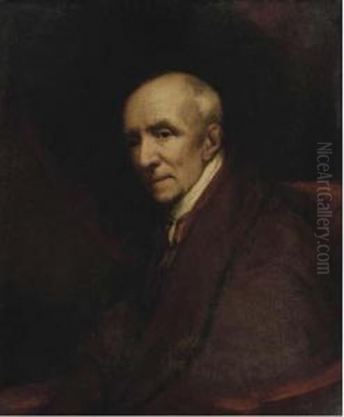 Portrait Of A Gentleman, Seated Half-length, In A Brown Coat On Ared Chair Oil Painting by James Northcote