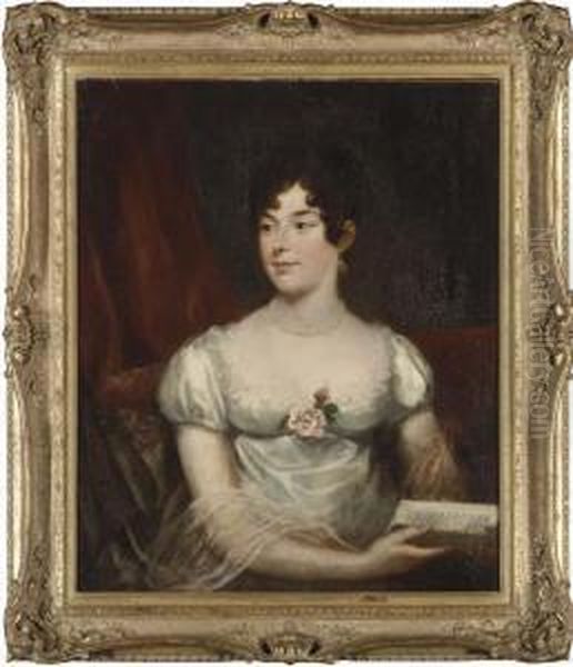 Portrait Of A Lady, Half-length, In A White Dress Holding A Book, Before A Red Curtain Oil Painting by James Northcote