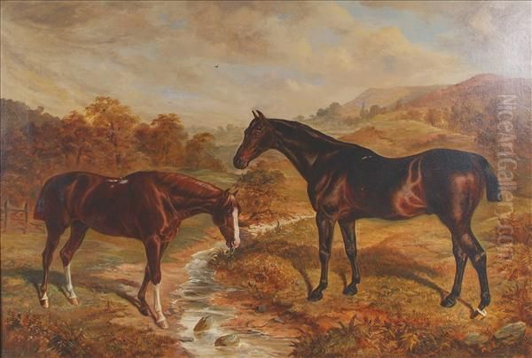 Two Horses Bya Brook Oil Painting by Benjamin Cam Norton