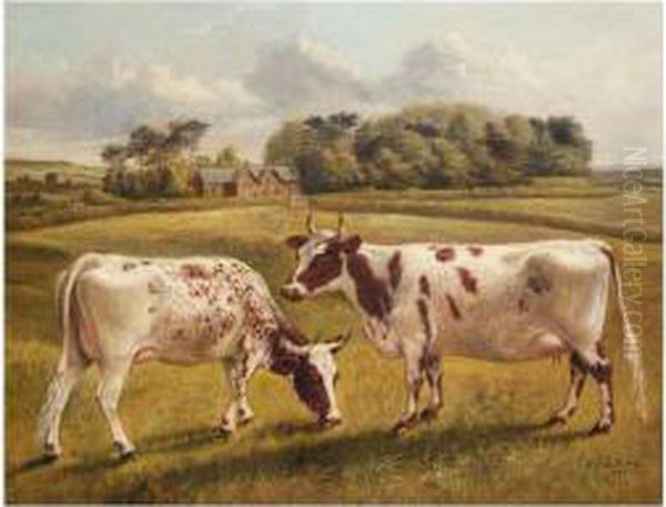 Pinky Ii And Polly Ii, Two Prize Pedigree Ayrshire Cows In A Spring Landscape Oil Painting by Benjamin Cam Norton