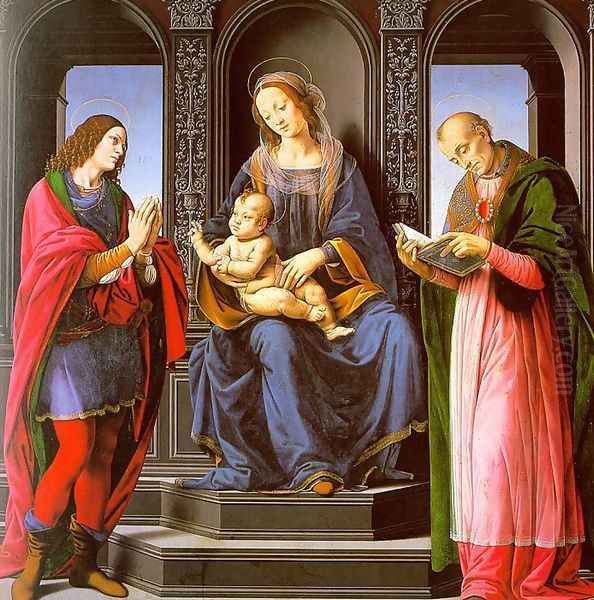 The Virgin and Child with St Julian and St Nicholas of Myra 1490-92 Oil Painting by Lorenzo Di Credi