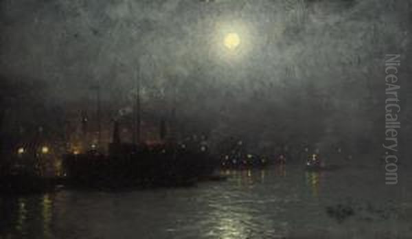 Boston Harbour By Moonlight Oil Painting by William Edward Norton