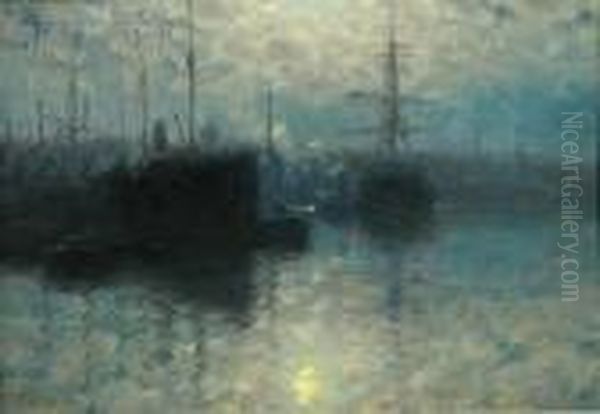 Boston Harbour, Moonlight Oil Painting by William Edward Norton