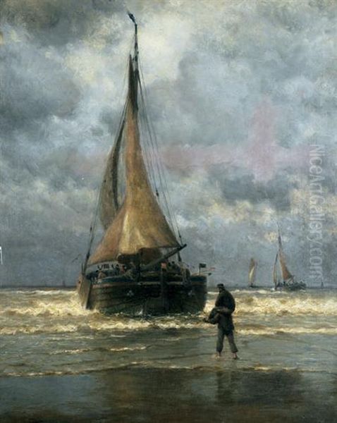 On The Coast Of Holland,fishing Boat Ready For Sea Oil Painting by William Edward Norton