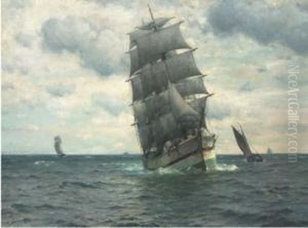 A Barque Under Sail And Running Down Channel Oil Painting by William Edward Norton