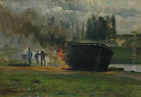 The Burning Boat Oil Painting by William Edward Norton