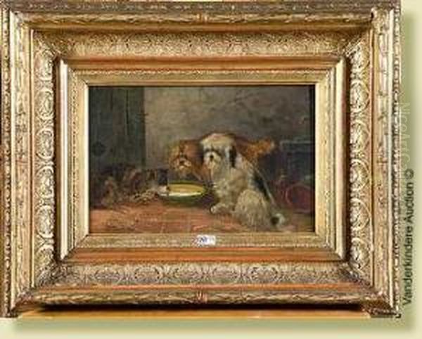 Chiens Et Chat A L'assiette De Lait Oil Painting by Emmanuel Noterman