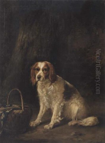 A Red And White Spaniel Seated By A Tree Oil Painting by Emmanuel Noterman