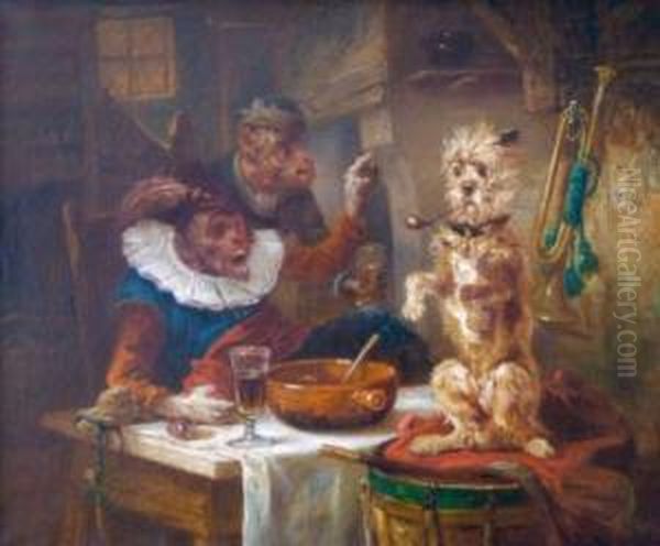 Les Joyeux Singes Et Le Chien Savant Dans Une Taverne. Oil Painting by Zacharias Noterman