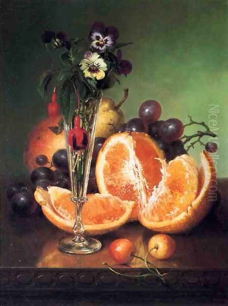 Fruit, Flowers and a Wineglass on a Tabletop Oil Painting by Robert Spear Dunning