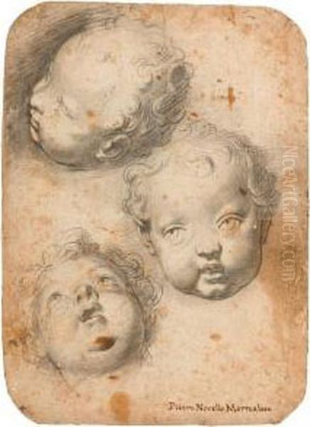 Study Of Three Putto Heads. Oil Painting by Pietro Novelli Il Monrealese