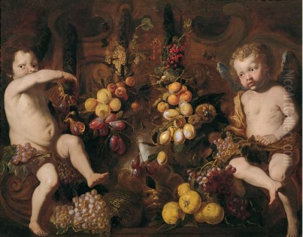 trionfo Di Frutta Con Amorini Oil Painting by Pietro Novelli Il Monrealese