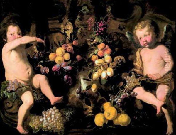 Natura Morta Di Uva, Castagne, Albicocche Con Putti E Tralci Fogliacei Con Fiori Oil Painting by Pietro Novelli Il Monrealese