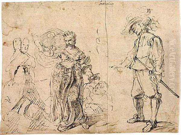 Sheet With Figure Studies: Double-sided Oil Painting by Pietro Novelli Il Monrealese