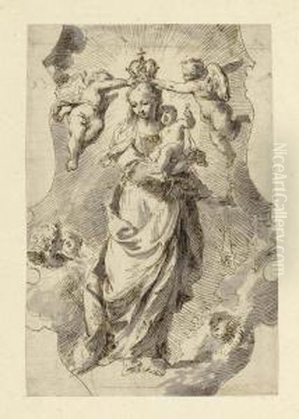 Mary As Queen Of Heaven Crowned 
By Putti. Brown Pen And Brush In Grey. Verso Old Inscription In Brown 
Pen: Novelli. Oil Painting by Pietro Antonio Novelli