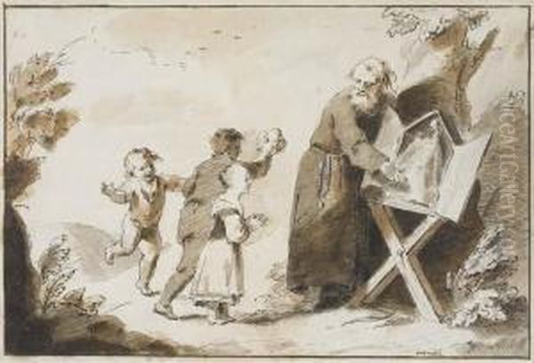 A Landscape With A Cleric Showing Three Children An Ex Voto Of Thevirgin And Child Oil Painting by Pietro Antonio Novelli