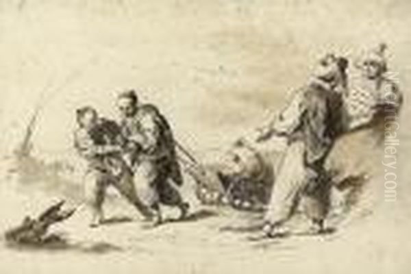 Four Orientals, Two Pulling A Cart by Pietro Antonio Novelli