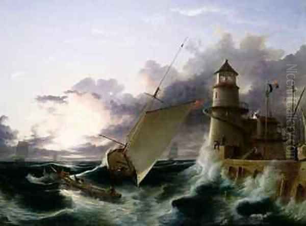 Boat by a Lighthouse a Squall Going Off Oil Painting by Francis Danby