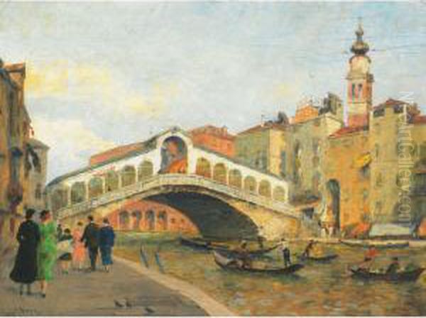 Promenaders On The Rialto Bridge, Venice Oil Painting by Stefano Novo