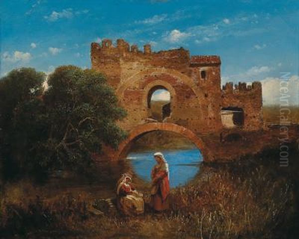 Roman Landscape With Two Women By A River Oil Painting by Johann Novopacky