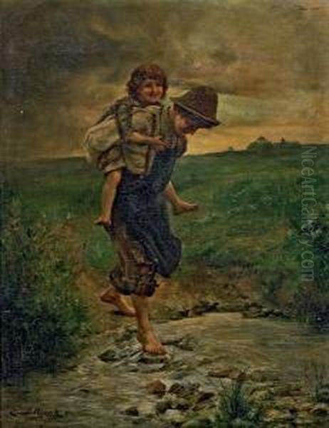 Zwei Kinder Beim Flussuberqueren Oil Painting by Ernst Nowak