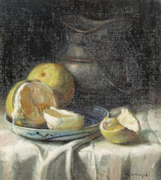 Still Life With Citrusfruit, A Pitcher And Dish Oil Painting by George Loftus Noyes