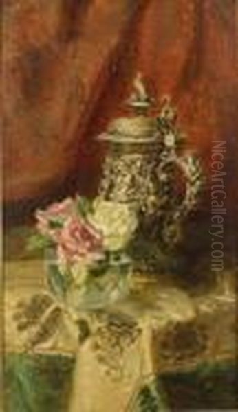 Still Life With Roses And Silver Tankard Oil Painting by George Loftus Noyes