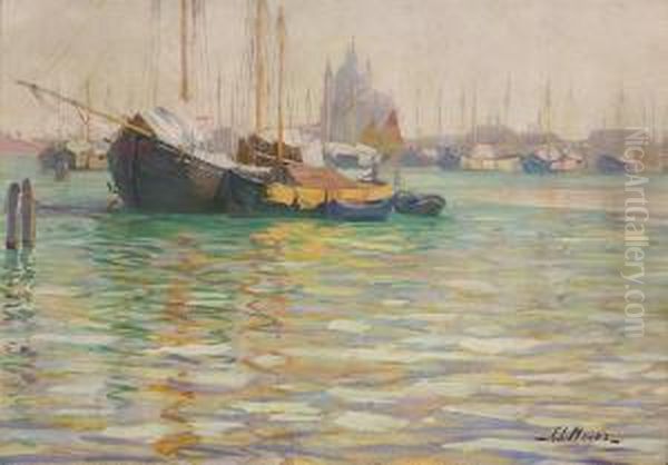 Moored Boats - Venice Oil Painting by George Loftus Noyes