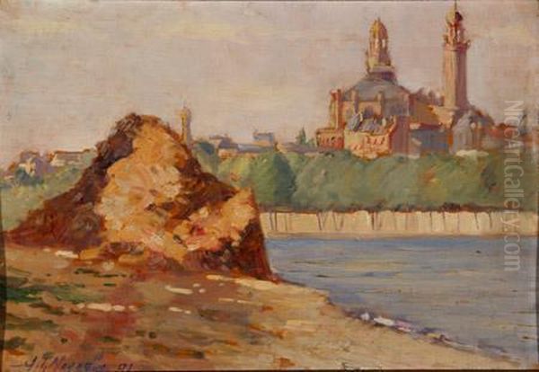 River Landscape With View Of A Cathedral Oil Painting by George Loftus Noyes