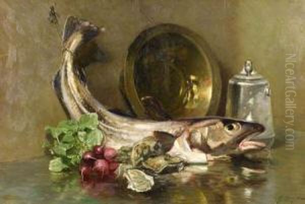 Still Life With Fish And Radishes Oil Painting by George Loftus Noyes