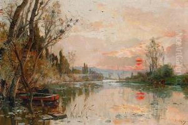 A River Landscape At Sunset Oil Painting by Alexandre Nozal