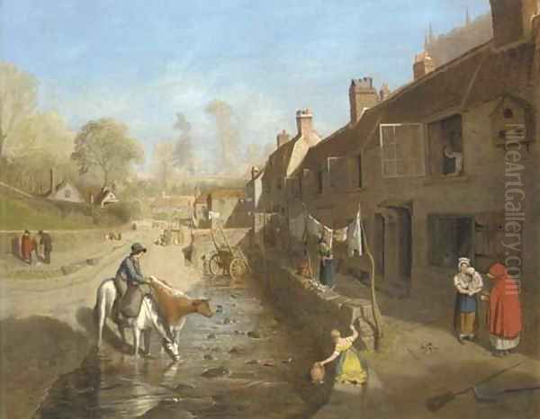 Figures by a village stream with figures by terraced houses Oil Painting by Francis Danby