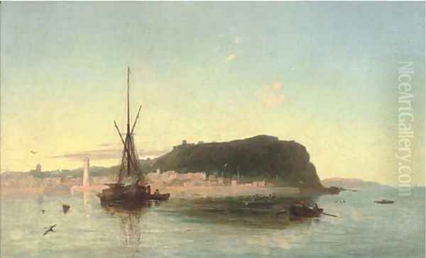 Fishing boats off a coastal landscape Oil Painting by Francis Danby