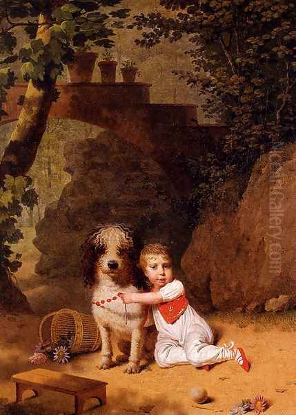 Portrait Of A Little Boy Placing A Coral Necklace On A Dog, Both Seated In A Parkland Setting Oil Painting by Martin Drolling