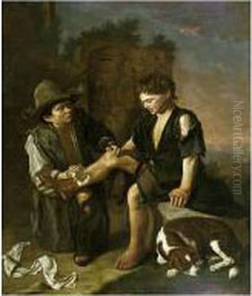 A Landscape With Two Beggar-boys And A Dog Beside Architectural Ruins Oil Painting by Pedro Nunez De Villavicencio