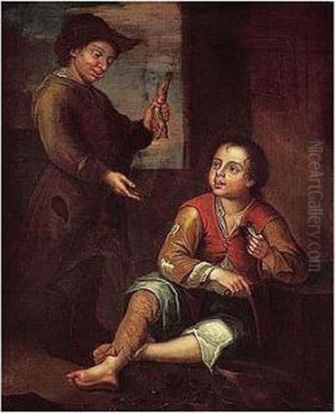 Young Boys Eating Mussels And Herring Oil Painting by Pedro Nunez De Villavicencio