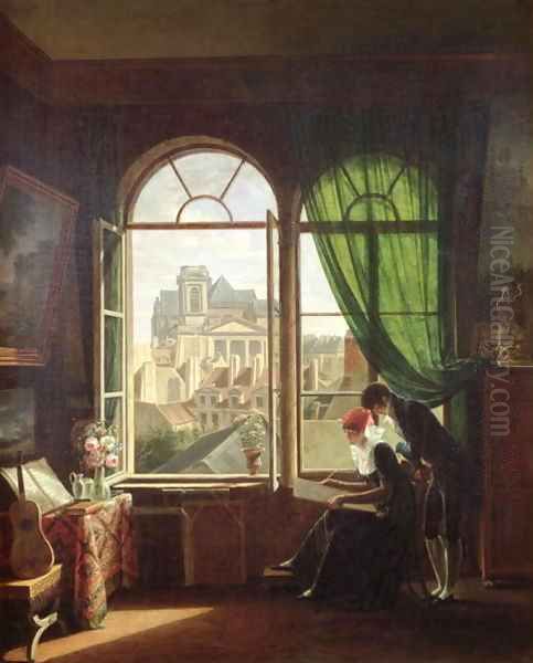 View of Saint Eustache Church from a House on Rue Platriere or The Artist's Interior 1810 Oil Painting by Martin Drolling