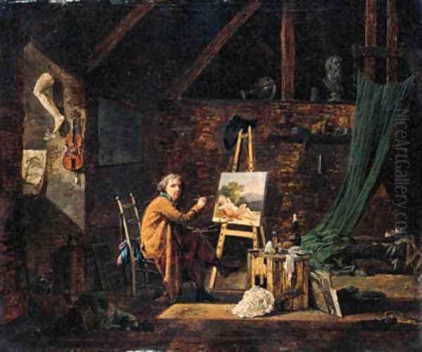 Portrait of an artist, seated small full-length, painting in his studio Oil Painting by Martin Drolling